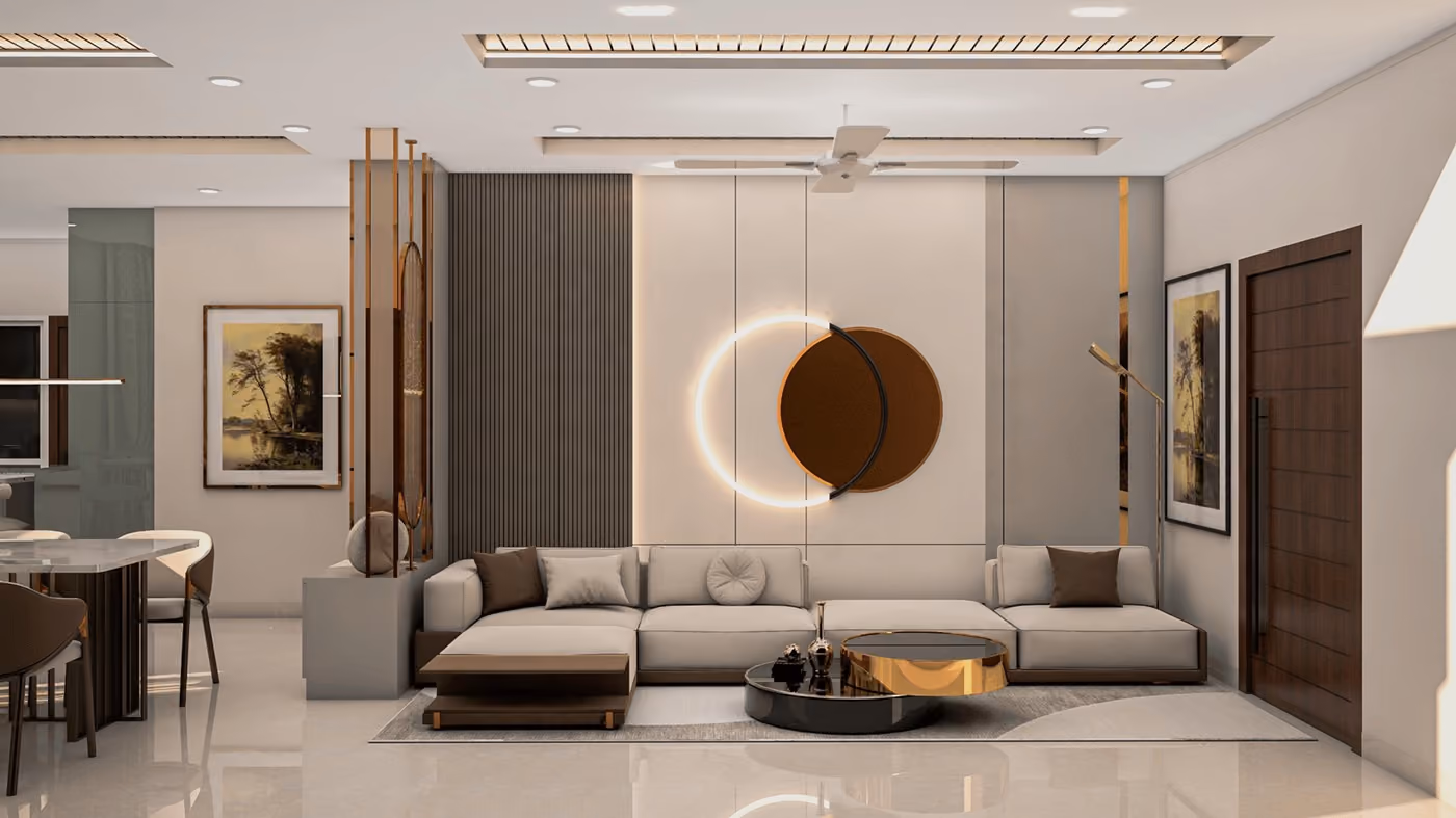 Completed living room with a sculptural feature wall