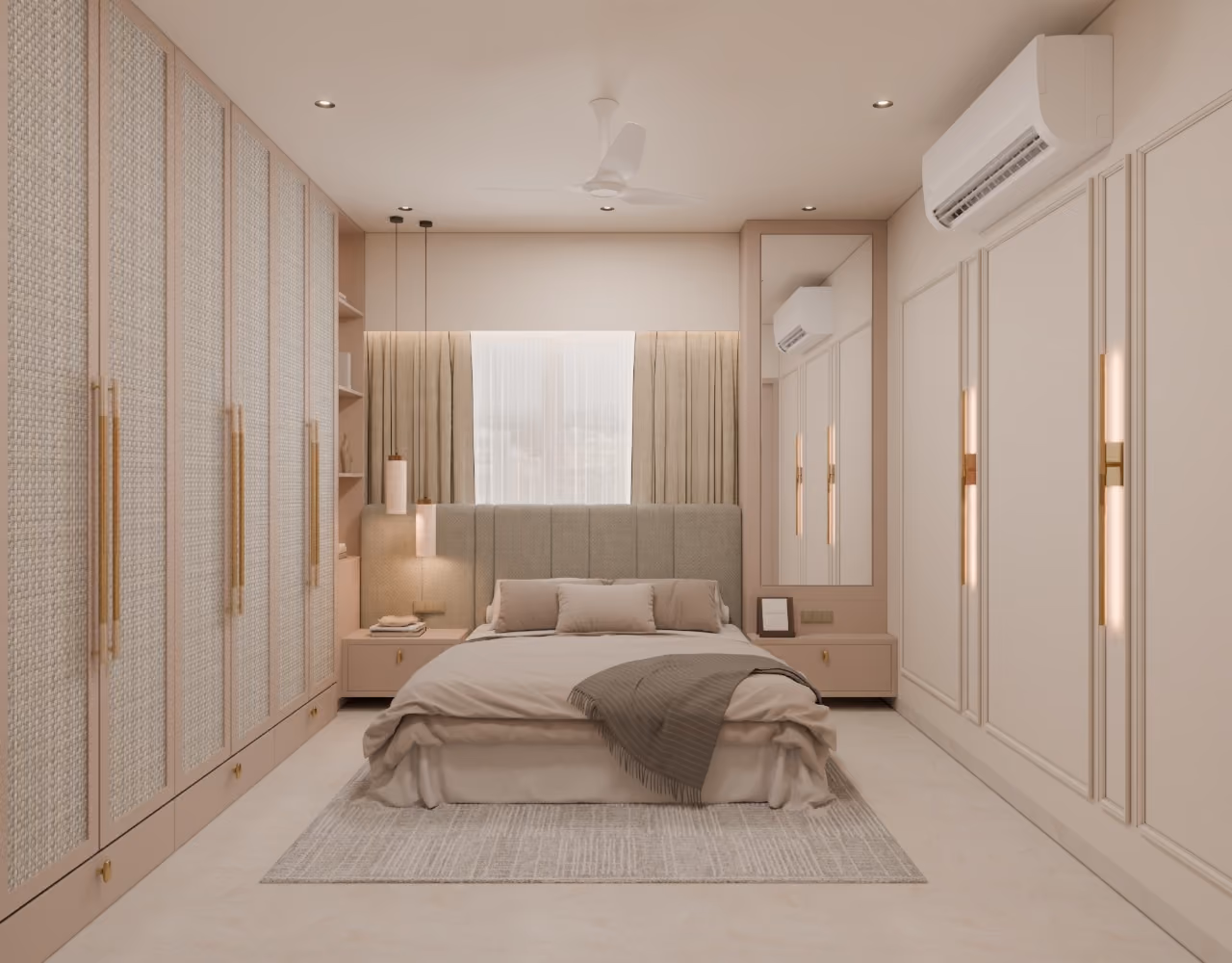 Bedroom with fitted wardrobes and a soft neutral palette