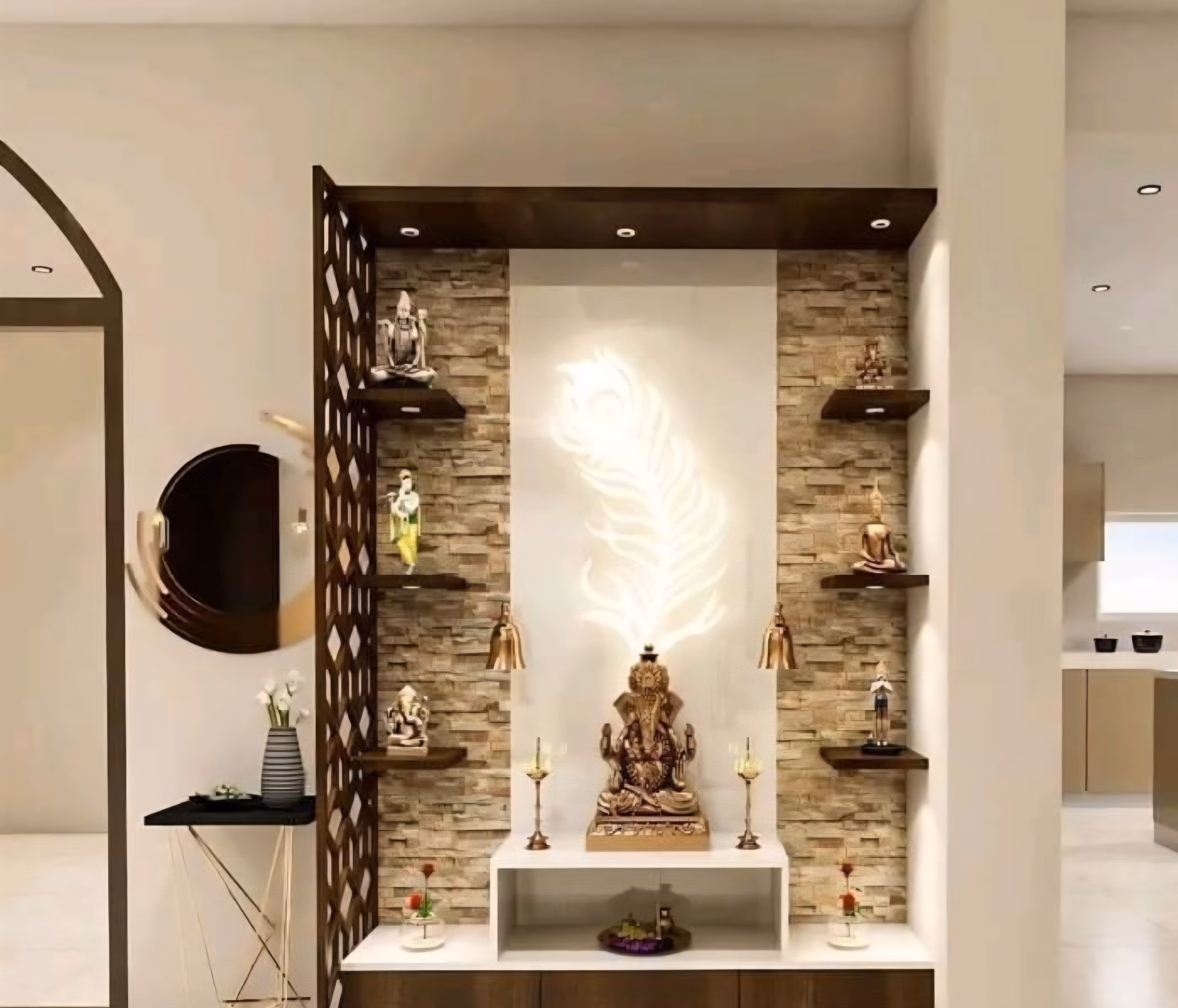 Backlit puja unit with carved detailing